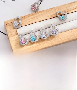 Gourd-shaped silver ear stud with colorful zircons and titanium steel screw back