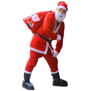 Full Santa Claus costume set with red jacket pants hat beard and Santa gift bag