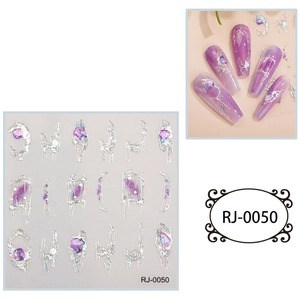 Adesivi per unghie 5D goffrati argento con gemme viola in stile metallo liquido