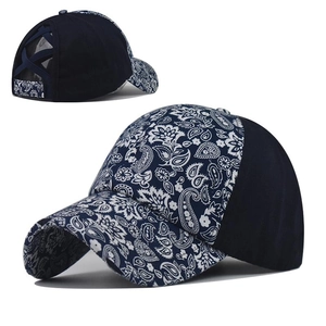 Blue paisley criss-cross ponytail baseball cap with vintage washed fabric for women