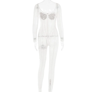 Detail of white lace bodysuit back with zipper closure on professional mannequin