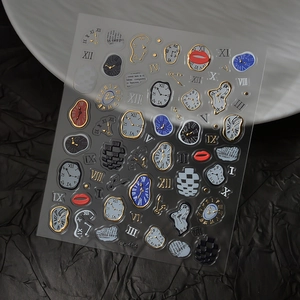 Detailed 3D embossed nail art sticker featuring gold melting clocks and abstract designs