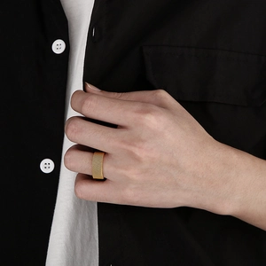 Minimalist gold mesh stainless steel wide ring for men with industrial texture