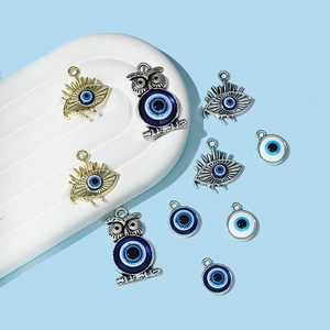 Evil eye and owl alloy charms set with blue eye patterns for jewelry making