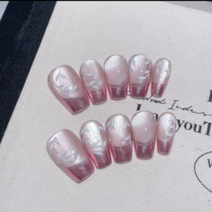 Pink Gradient Cat Eye Press On Nails French Style White Leaf Pattern Glossy Square Round Short Fake Nails