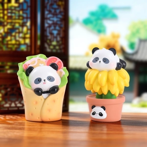 Macro detail of cute panda figurines including taco and flower pot designs on wood