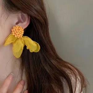 French vintage floral cluster earrings with yellow petals and beads for women