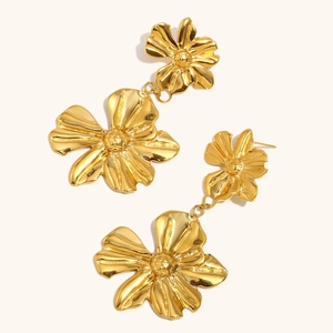 Chic 18K gold plated stainless steel double flower dangle earrings for women