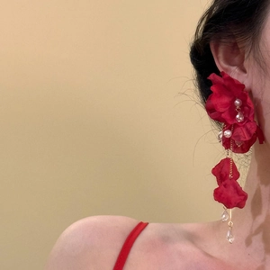Floral red tassel earrings with white pearls and glass water drop charms for women