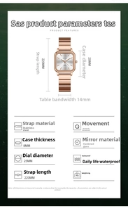 Detail view of rose gold square watch with 25mm case diameter and stainless steel strap
