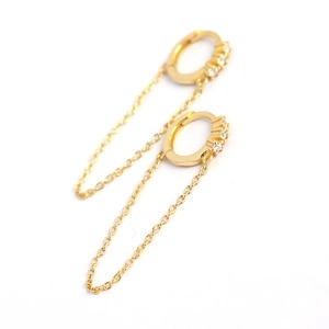 S925 sterling silver gold plated hoop earrings with zircon stones and long tassel chain