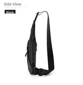Side view of black waterproof nylon chest bag with adjustable strap and durable zipper
