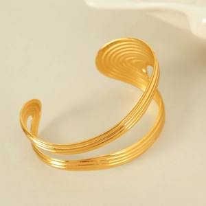 Retro style 18K gold-plated titanium steel double-layer wavy cuff bracelet for women