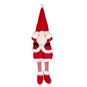 Christmas plush gnome doll with long legs and a red hat on a clean white background