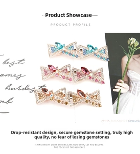 Detail of elegant bow hair clips with shimmering rhinestones and colorful crystal gems