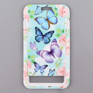 Detail of sliding card holder featuring blue butterflies and pink floral patterns
