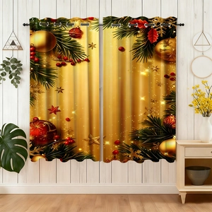 Detail of Christmas blackout curtain featuring gold stars, red ornaments and pine branch prints