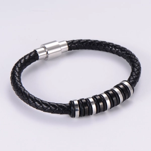 Braided black leather bracelet with stainless steel magnetic clasp and silver rings