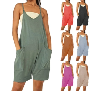 Women Casual Loose Jumpsuit Sleeveless V Neck Bib Overalls With Pockets Polyester Summer Beach Rompers For Women