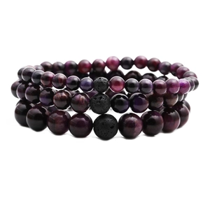Triple set of tiger eye and lava stone beaded bracelets for men and women