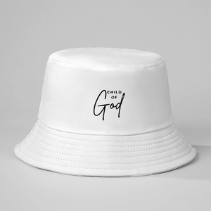 Detail of white cotton bucket hat showing the Child Of God embroidery and stitching