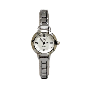 Silver vintage quartz watch for women with white Roman numeral dial and slim metal strap