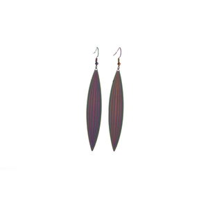 Detailed view of colorful feather-shaped hollow earrings with metallic iridescent finish