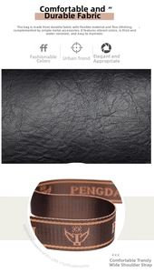 Close-up of black lychee grain leather and jacquard woven shoulder strap with bird logo