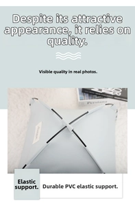 Close-up of flexible black PVC support brackets and durable fabric on light blue pet tent