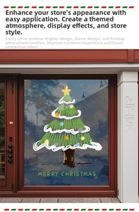 Detail of Christmas tree window sticker with Merry Christmas text on a glass surface