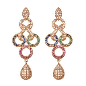 Luxurious rose gold tassel earrings with colorful zircons and teardrop pendants