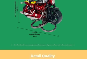 Detail of red cartoon motorcycle keychain showing dimensions of 9cm length and 6.2cm height