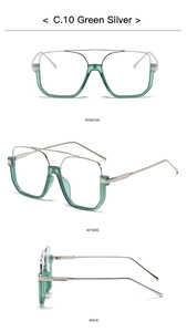 Detail view of large green transparent frames with silver metal temples at multiple angles