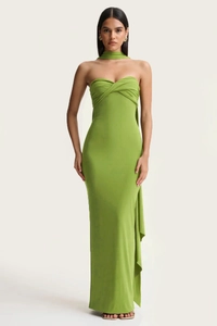 Detail of cross pleated chest design and neck ribbon on slim fit grass green maxi dress