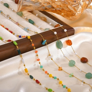 Stainless Steel Colorful Beaded Necklace And Bracelet For Women Bohemian Style Imitation Stone Artificial Pearl Vacation Jewelry