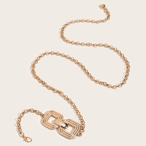 Golden metal chain belt with square double-buckle design for elegant dress styling