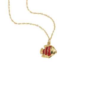 Golden fish choker necklace with red enamel pendant on a polished O-link chain