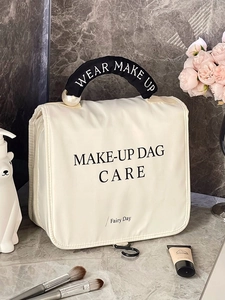 Portable cream makeup bag with pearl handle and hanging hook for travel storage
