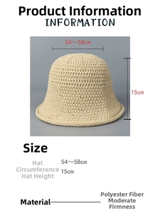 Detail view of beige hollow knit bucket hat showing crochet texture and dimensions