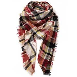 Autumn winter red plaid tassel scarf with thick cashmere-feel fabric in tartan pattern