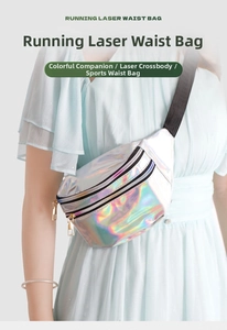 Running laser waist bag in colorful reflective fabric shown on a model outfit