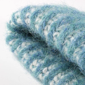 Women's winter knit beanie in blue and green jacquard fleece with fuzzy mohair texture