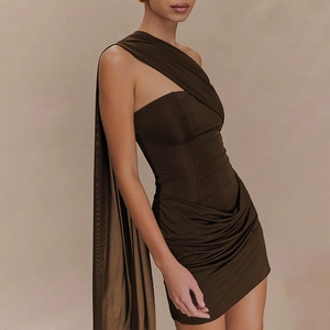 Slim fit dark brown one-shoulder mini dress with elegant flowing cape and side ruffles