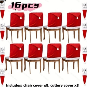 16-piece Christmas chair cover and cutlery set with red Santa hat design for holiday decor