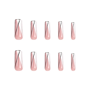 French style coffin fake nails with pink white geometric blocks and black lines