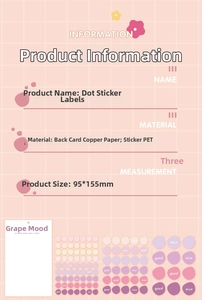 Detail showing PET polka dot stickers with gradients and text on pink grid background