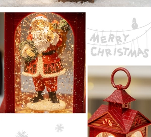 Close-up of vintage red Christmas lantern with Santa Claus figurine and swirling glitter snow