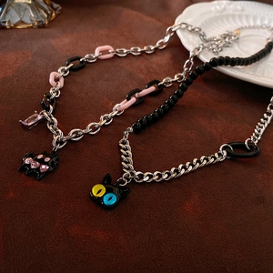 Handmade dopamine acrylic cartoon cat chain necklace with colorful pendants and rhinestones