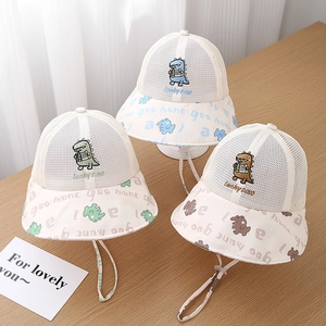 Cappello Da Sole Per Bambini Bucket Traspirante Mesh Cotone Poliestere Tesa Larga Ricamo Dinosauro Regolabile
