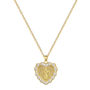 Luxurious gold heart pendant necklace with portrait relief and crystals on white background